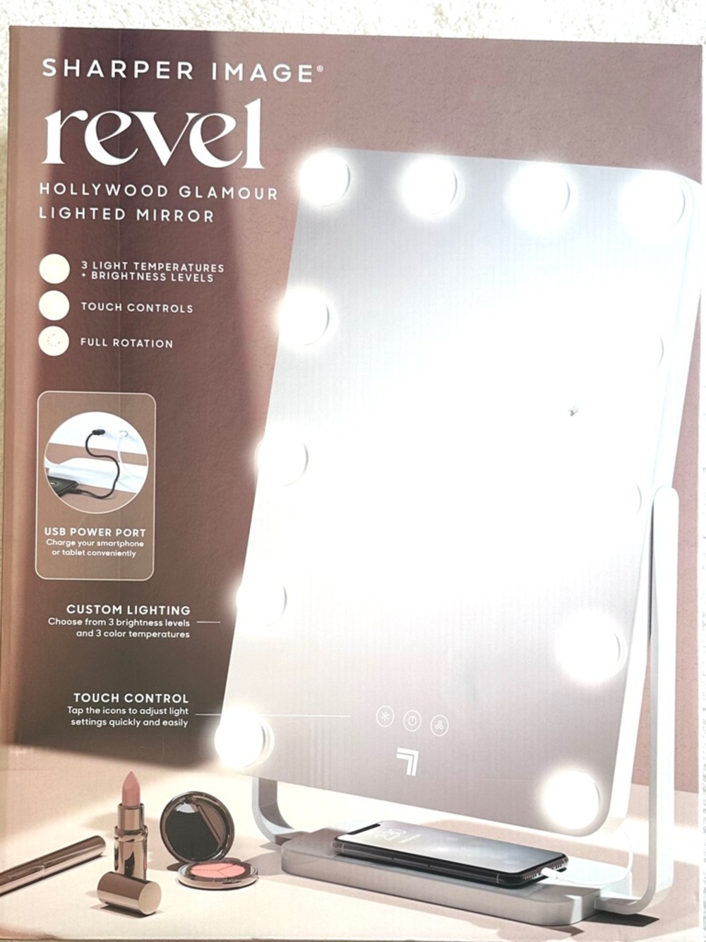 Sharper Image White Revel Hollywood Lighted Vanity Mirror Makeup Touchscreen